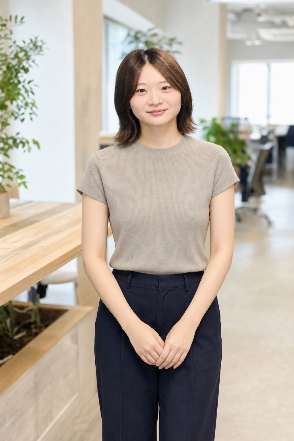 グレージュのニットを着て立つWE株式会社メンバー K.N.