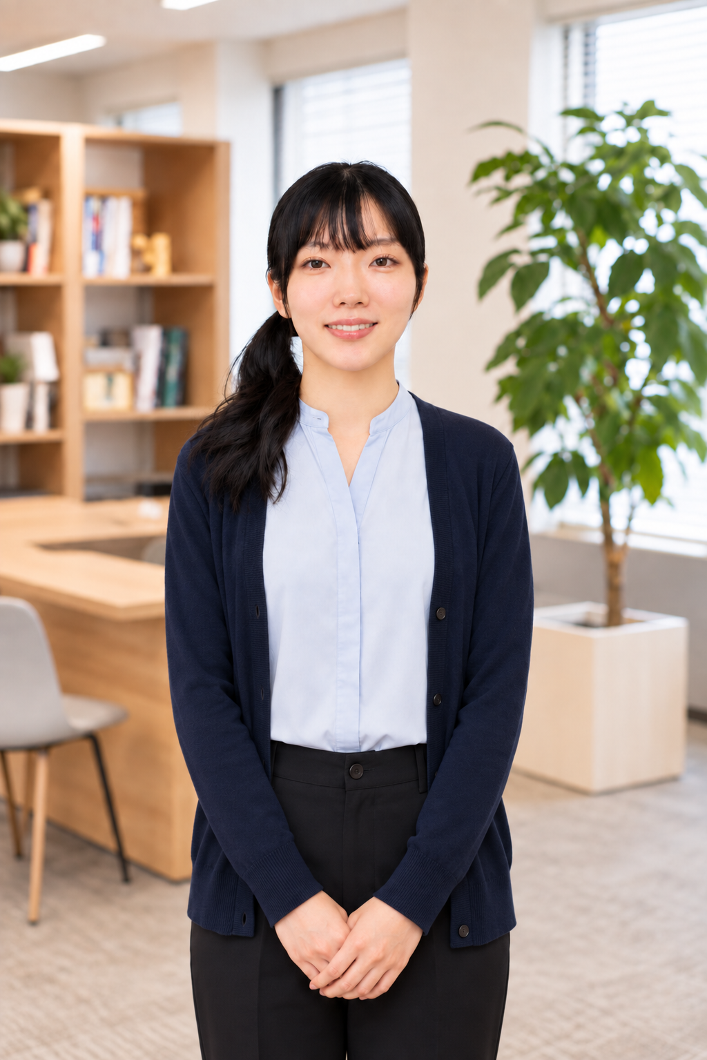 淡いブルーのブラウスとネイビーのカーディガンを着たWE株式会社メンバー K.S.